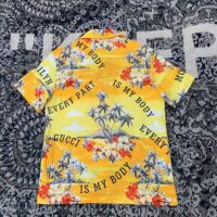 Gucci GG Men Printed Cotton Bowling Shirt Yellow Red Poplin Short Sleeves (4)