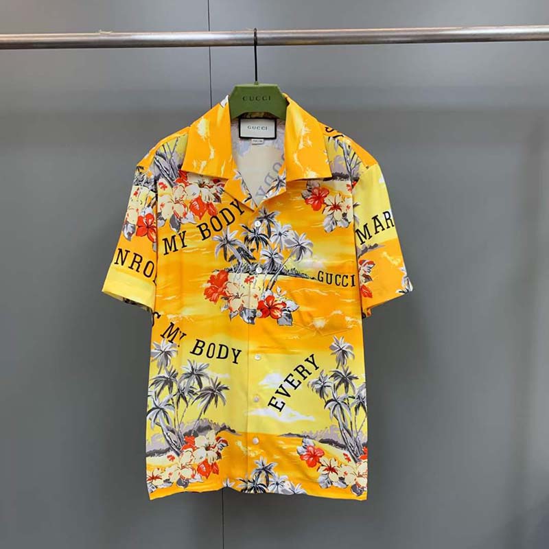 Gucci GG Men Printed Cotton Bowling Shirt Yellow Red Poplin Short Sleeves (8)