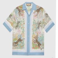 Gucci GG Men Tiger Bowling Shirt Flower Print Ivory Silk Crepe Loose Fit (7)