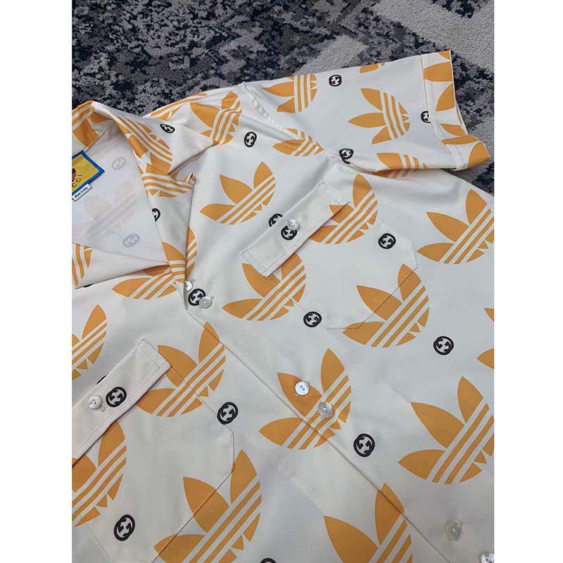 Gucci GG Women Adidas x Gucci Trefoil Print Bowling Shirt Yellow Fully Lined Viscose (1)