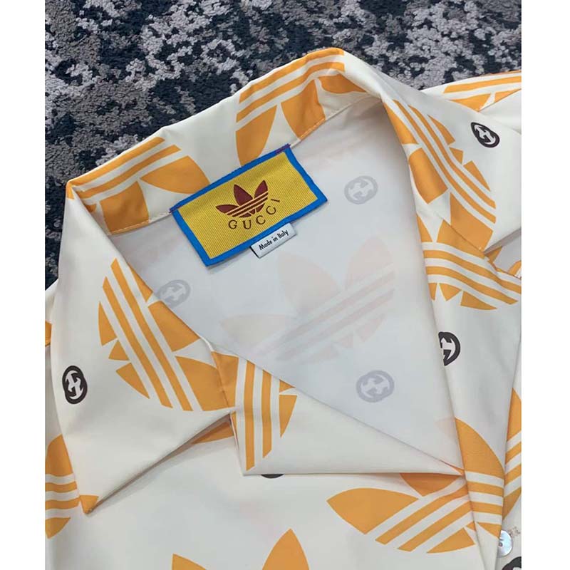 Gucci GG Women Adidas x Gucci Trefoil Print Bowling Shirt Yellow Fully Lined Viscose (10)
