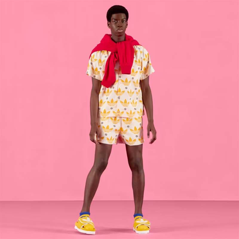 Gucci GG Men Adidas x Gucci Trefoil Print Bowling Shirt Yellow Fully Lined Viscose