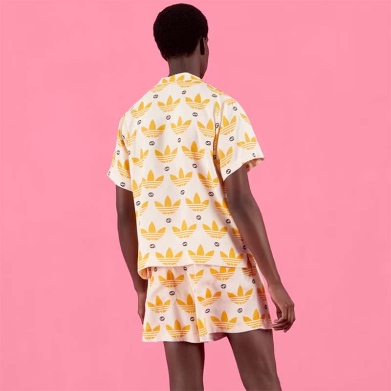 Gucci GG Women Adidas x Gucci Trefoil Print Bowling Shirt Yellow Fully Lined Viscose (4)
