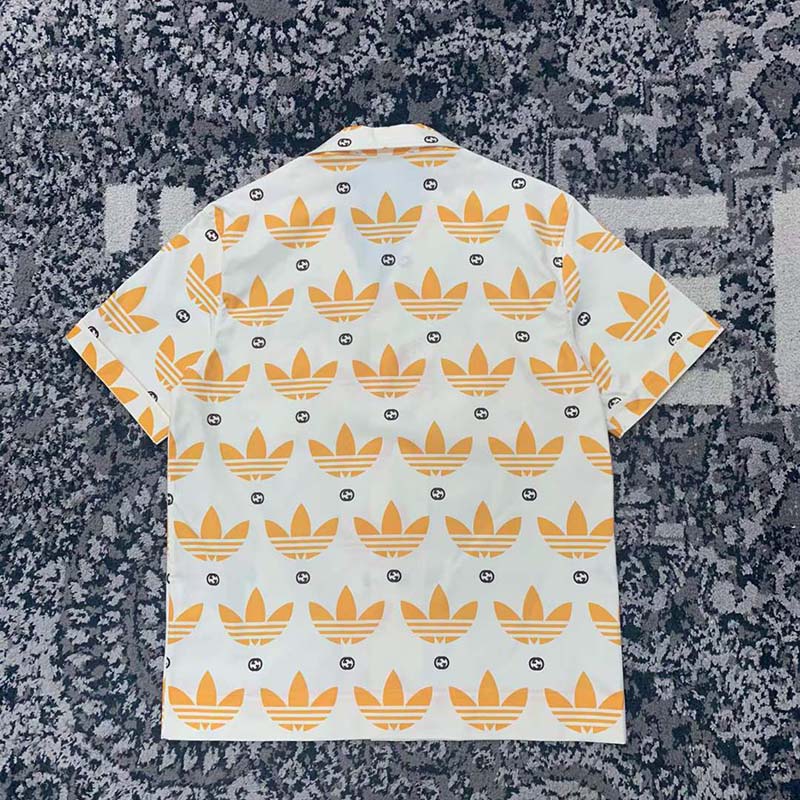 Gucci GG Women Adidas x Gucci Trefoil Print Bowling Shirt Yellow Fully Lined Viscose (6)