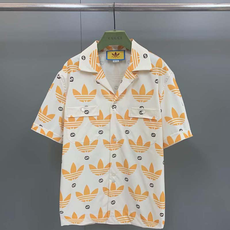 Gucci GG Women Adidas x Gucci Trefoil Print Bowling Shirt Yellow Fully Lined Viscose (7)