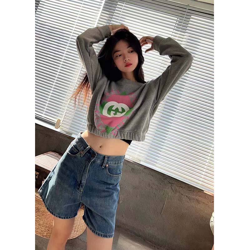 Gucci GG Women Cotton Jersey Sweatshirt Grey Heavy Felted Cotton Crewneck Long Sleeves