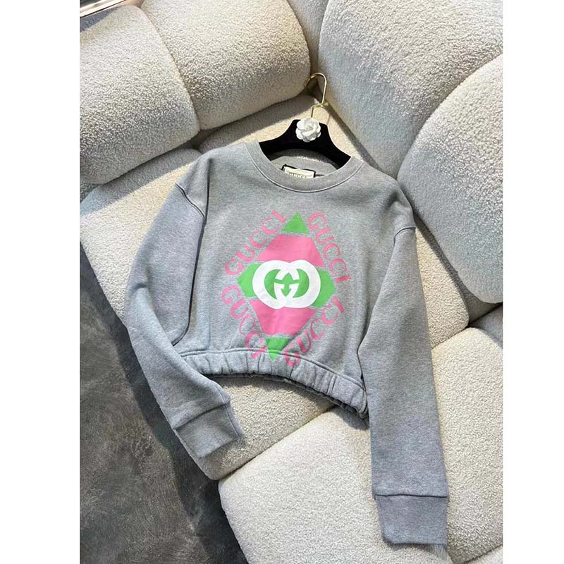 Gucci GG Women Cotton Jersey Sweatshirt Grey Heavy Felted Cotton Crewneck Long Sleeves