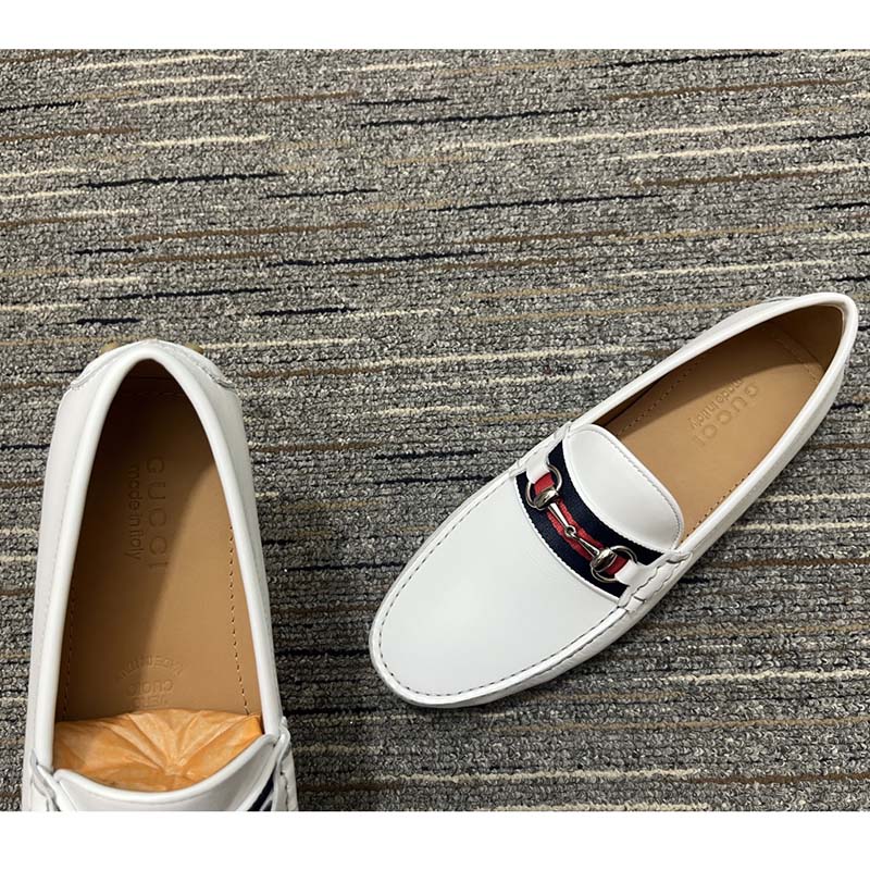 Gucci Men Horsebit Loafer White Square Toe Leather Sole Low Heel