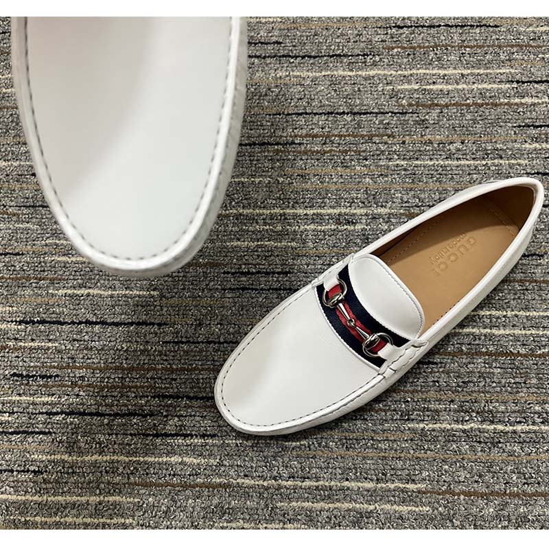 Gucci Men Horsebit Loafer White Square Toe Leather Sole Low Heel