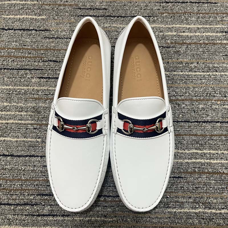 Gucci Men Horsebit Loafer White Square Toe Leather Sole Low Heel