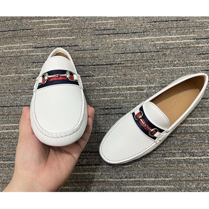Gucci Men Horsebit Loafer White Square Toe Leather Sole Low Heel