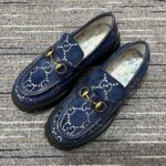 Gucci Men Jordaan GG Velvet Loafer Blue Beige Sole Flat 1.2 Cm Heel - Imagen 2