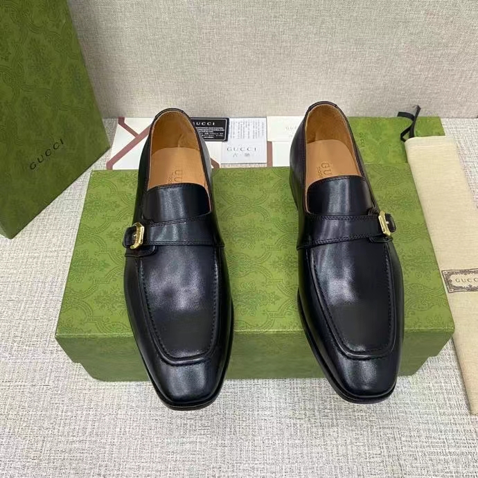 Gucci Men Loafer Buckle Black Leather Ornamental Buckle Low 3 Cm Heel