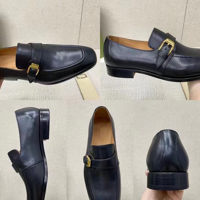 Gucci Men Loafer Buckle Black Leather Ornamental Buckle Low 3 Cm Heel