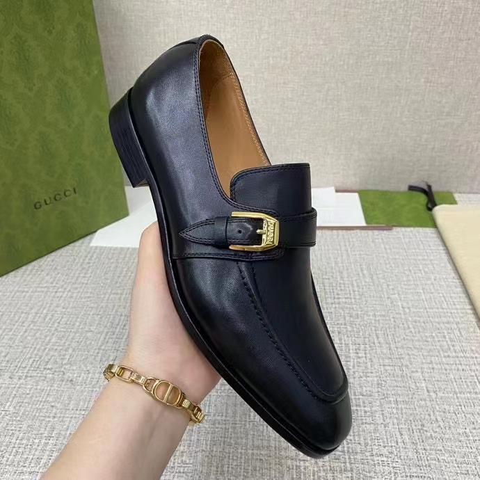 Gucci Men Loafer Buckle Black Leather Ornamental Buckle Low 3 Cm Heel