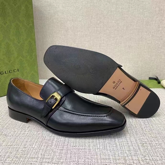 Gucci Men Loafer Buckle Black Leather Ornamental Buckle Low 3 Cm Heel
