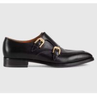 Gucci Men Monk Strap Loafer Smooth Black Leather Buckle Sole Flat 2 Cm Heel (11)