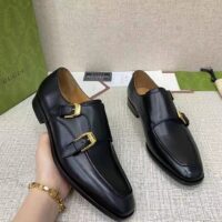 Gucci Men Monk Strap Loafer Smooth Black Leather Buckle Sole Flat 2 Cm Heel (11)