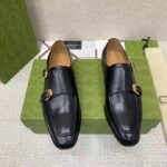 Gucci Men Monk Strap Loafer Smooth Black Leather Buckle Sole Flat 2 Cm Heel – Image 3