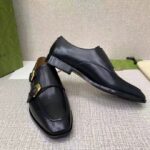 Gucci Men Monk Strap Loafer Smooth Black Leather Buckle Sole Flat 2 Cm Heel – Image 4