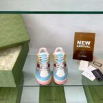 Gucci Unisex Basket Sneaker Blue Demetra White Mesh Rubber Interlocking G Low Heel - immagine 3