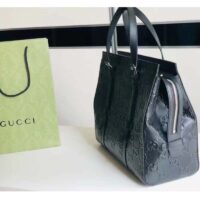 Gucci Unisex GG Embossed Tote Bag Black Leather Cotton Linen Lining (2)