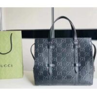 Gucci Unisex GG Embossed Tote Bag Black Leather Cotton Linen Lining (2)