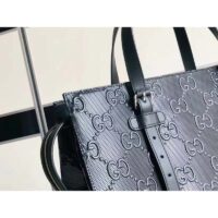 Gucci Unisex GG Embossed Tote Bag Black Leather Cotton Linen Lining (2)