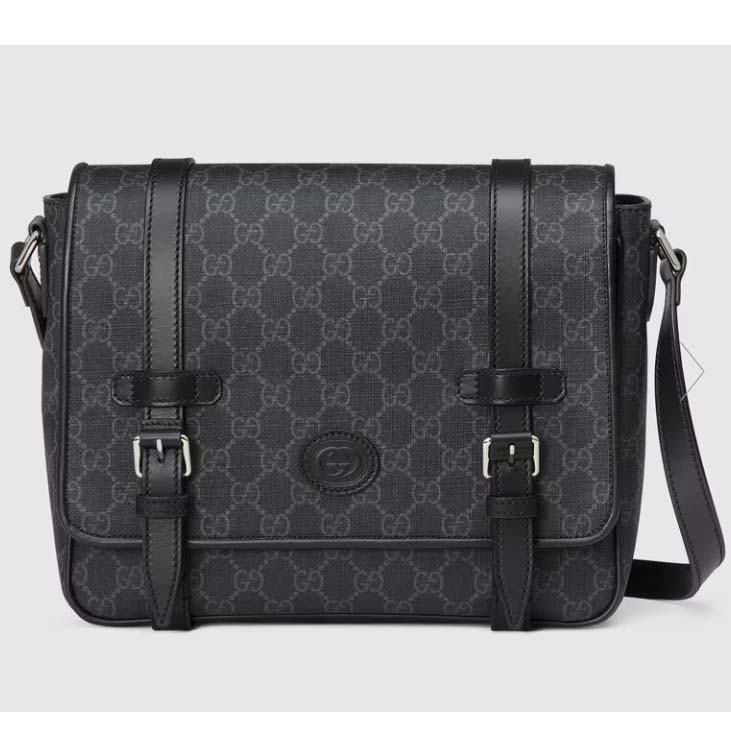 Gucci Unisex GG Messenger Bag Black GG Supreme Canvas Black Leather