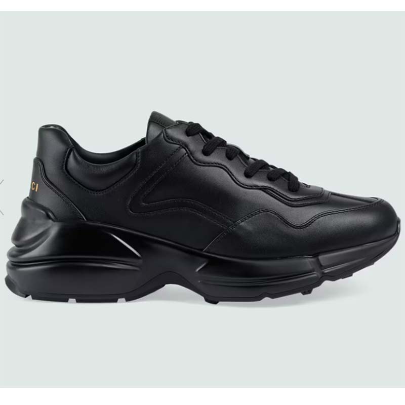 Gucci Unisex GG Rhyton Sneaker Black Leather Rubber Sole Low Heel