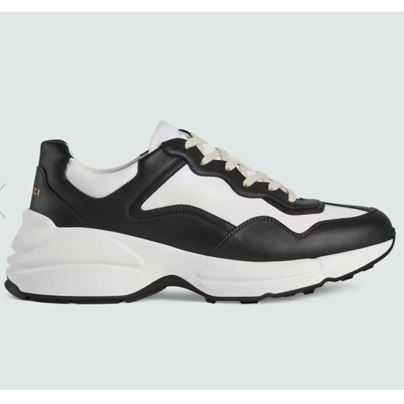 Gucci Unisex GG Rhyton Sneaker Black White Leather Rubber Sole 5 Cm Low Heel
