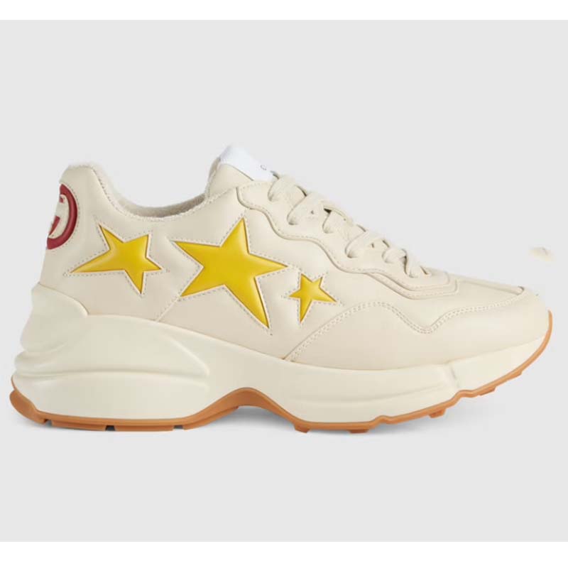 Gucci Unisex GG Rhyton Sneaker White Demetra Inlaid Interlocking G Stars Rubber Low Heel
