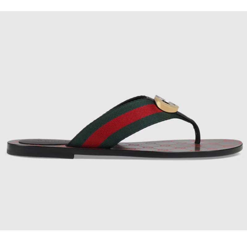 Gucci Unisex GG Thong Web Sandal Interlocking G Leather Sole Square Toe Flat