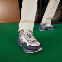 Gucci Unisex Rhyton Sneaker Beige Blue GG Supreme Canvas Rubber Sole Mid Heel (7)