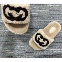 Gucci Unisex Slide Sandal Interlocking G Light Brown Merino Wool Flat (3)