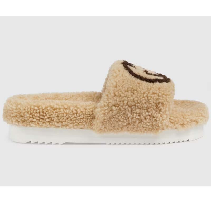 Gucci Unisex Slide Sandal Interlocking G Light Brown Merino Wool Flat