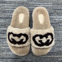 Gucci Unisex Slide Sandal Interlocking G Light Brown Merino Wool Flat (3)