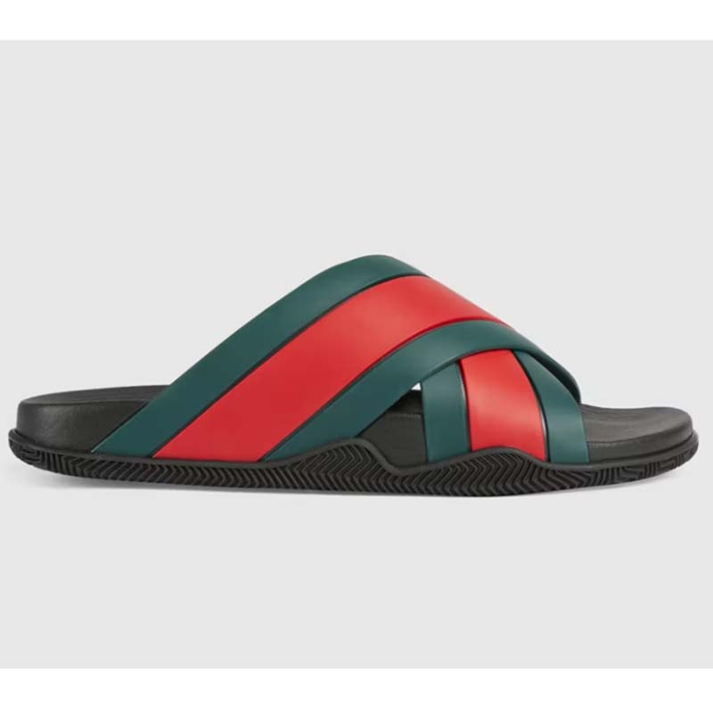 Gucci Unisex Web Slide Sandal Green Red Rubber Web Rubber Sole Low Heel