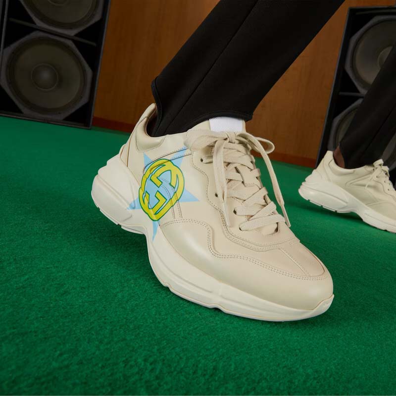 Gucci Unsiex Rhyton Star Print Sneaker Ivory Leather Interlocking G Rubber Sole Mid Heel