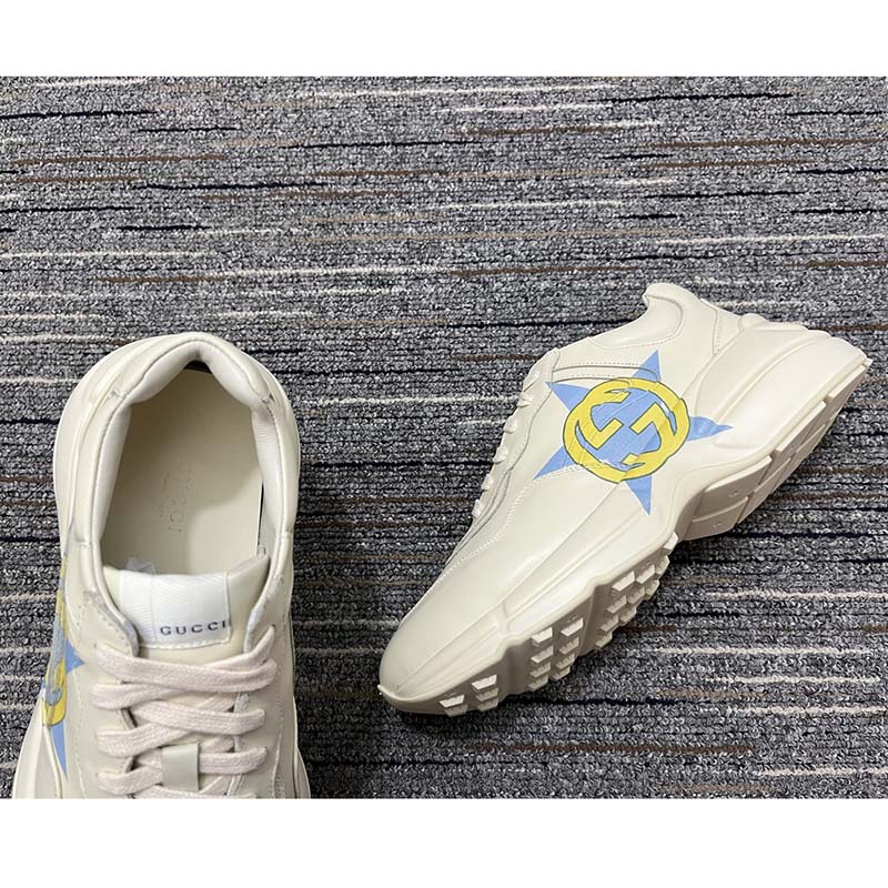 Gucci Unsiex Rhyton Star Print Sneaker Ivory Leather Interlocking G Rubber Sole Mid Heel