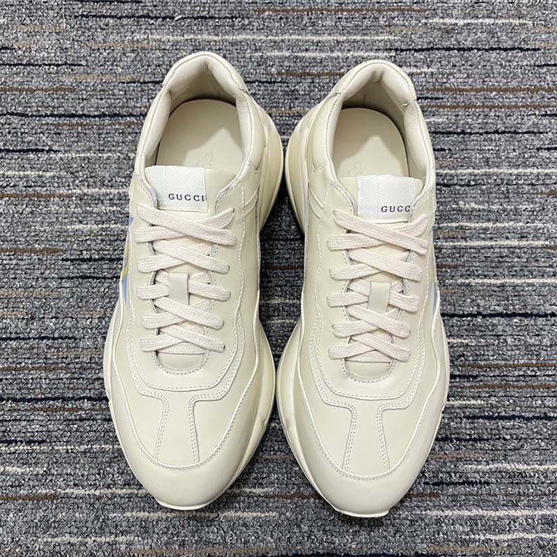 Gucci Unsiex Rhyton Star Print Sneaker Ivory Leather Interlocking G Rubber Sole Mid Heel