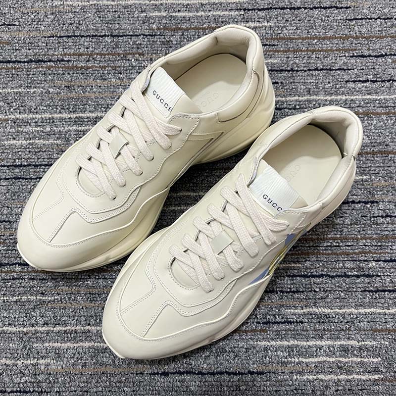 Gucci Unsiex Rhyton Star Print Sneaker Ivory Leather Interlocking G Rubber Sole Mid Heel
