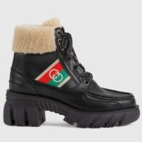 Gucci Women Ankle Boot Stripe Black Leather Merino Wool Mid 6 Cm Heel