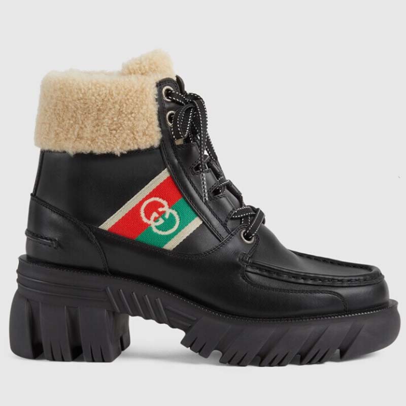 Gucci Women Ankle Boot Stripe Black Leather Merino Wool Mid 6 Cm Heel
