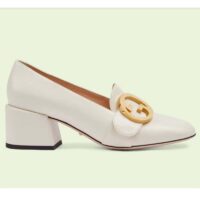 Gucci Women Blonde Mid-Heel Pump White Leather Round Interlocking G