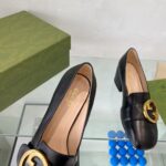 Gucci Women Blondie Mid-Heel Pump Black Leather Round Interlocking G – Bild 8