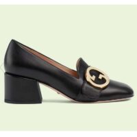 Gucci Women Blondie Mid-Heel Pump Black Leather Round Interlocking G