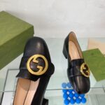 Gucci Women Blondie Mid-Heel Pump Black Leather Round Interlocking G – Bild 7