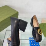 Gucci Women Blondie Mid-Heel Pump Black Leather Round Interlocking G – Bild 9