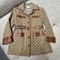 Gucci Women GG Canvas Jacket Web Belt Cotton Camel Ebony Point Collar (7)